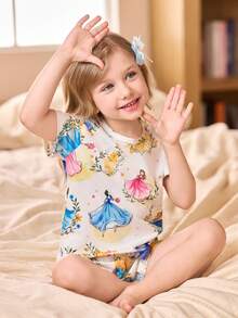 SHEIN Set de 3 piezas de pijama con diseño de dibujos animados para niñas pequeñas, ropa de dormir para el hogar - Blanco - Ver 4