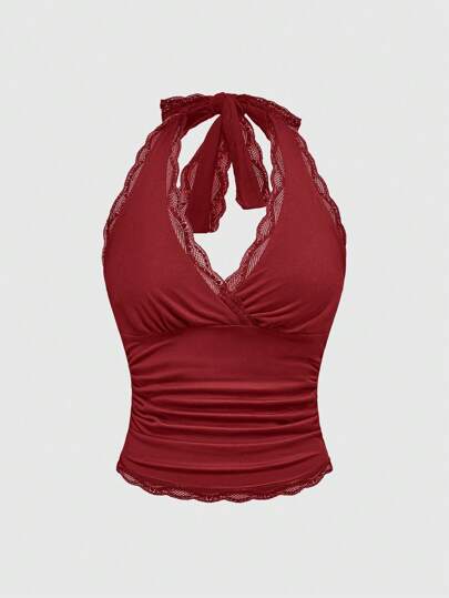 Grunge Punk Top de hálter de unicolor con encaje Y2K para mujer