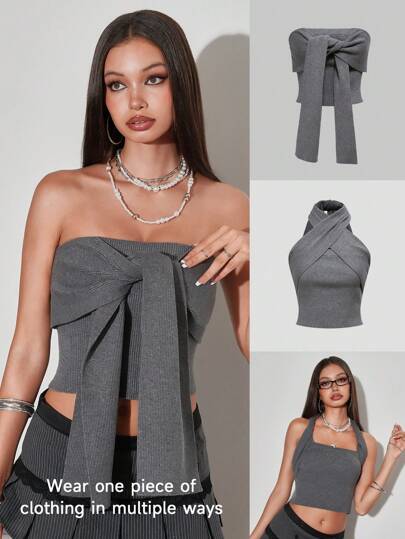 J-Fashion Débardeur tricoté polyvalent avec nœud devant, style convertible, indispensable pour la rentrée scolaire