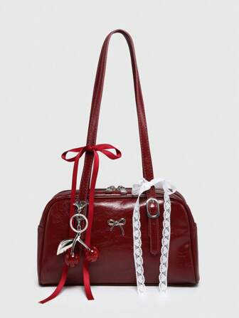 Kawaii Bolso de hombro/axilar con múltiples bolsillos, estilo retro lindo a cuadros, decorado con lazo y corazón de cereza, bolso tipo tote Boston para mujer