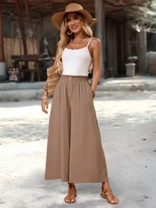 Pantalones casuales de verano para mujer con cintura de bolsa de papel, bolsillos y pierna ancha de unicolor - Caqui - Ver 5