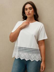 Anewsta Áo thun nữ cổ tròn tay ngắn thiết kế viền ren vá thời trang thanh lịch, áo thun thường ngày màu trơn, mùa hè - trắng - Xem 8