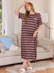 Dream Adore Casual Striped Print Beaded Decor Short Sleeve Loose Nightdress For Women