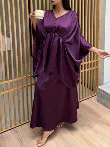 DAZY 女士缎面褶皱设计宽松上衣和长裙家居服，简约魅力睡衣 - 紫色 - 查看 6