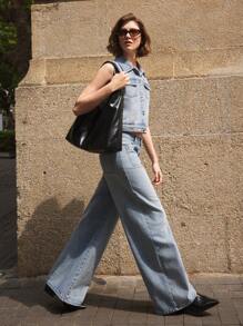Ontre Women's Blue Denim Vest Box Vest Lapel Truncated Design Old Money Style Top