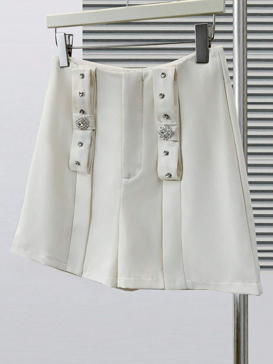 Modelyn Pantalones cortos sueltos de cintura alta de unicolor con hebilla de diamante elegante - Albaricoque - Ver 1