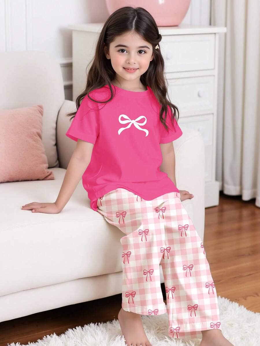 SHEIN Tween Girls Casual Minimalist Crew Neck Short Sleeve Shorts Pajama Set, Suitable For Summer - Multicolor - View 1