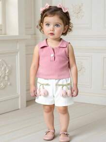 SHEIN 2pcs/Set Girls Fashionable Polo Collar Rib Knit Tank Top + White Shorts With 3D Flower, Cute Pink, Suitable For Outdoor - Pink - View 8
