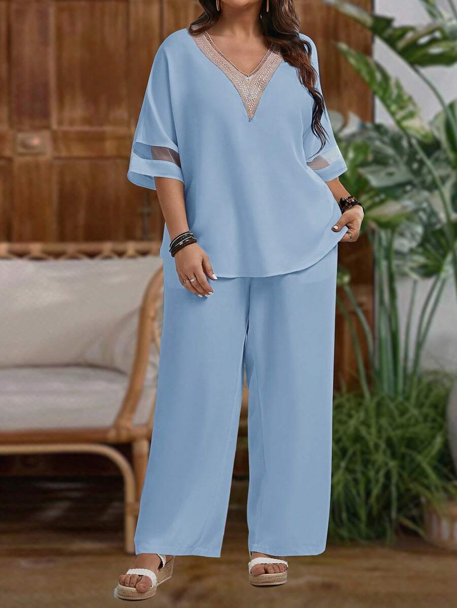 EMERY ROSE Conjunto de 2 piezas de ropa de verano casual para mujer, con top de manga corta de cuello en V de punto y pantalones largos, ropa de verano para mujer de talla grande - Celeste - Ver 1