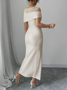 Modelyn Solid Color Mesh Splice & 3D Flower Decor Shoulder-Revealing Mid-Calf Dress For Women - Apricot - View 3