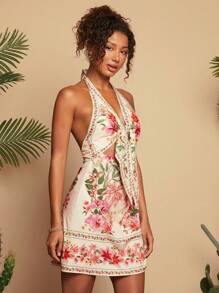 Travachic 女式花卉印花结饰前挂脖露背度假连衣裙，夏季，女式夏季服装，沙滩装，女式沙滩装，女式度假服装，女式演唱会服装，波西米亚风，热带度假女装，女式夏季连衣裙，假日服装