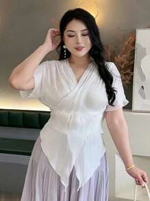 Dazy Plus Plus Size Solid Color Batwing Sleeve V-Neck Asymmetrical Hem Tie Front Shirt - Apricot - View 3