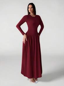 SHEIN Tall 女式纯色简约荷叶边下摆长袖连衣裙 - 酒紅色 - 查看 6