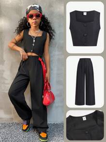 Coolane Kids 青少年女孩春夏街头服饰黑色高腰无袖短款上衣套装两件套服装青少年女孩无袖纽扣编织上衣，搭配宽松直筒裤，2 件套 - 黑色 - 查看 8