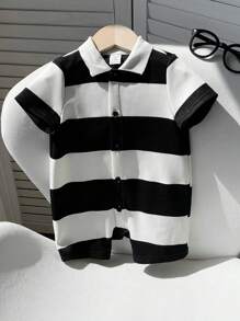 SHEIN Bộ áo liền quần tay ngắn cổ polo kẻ sọc thoải mái cho bé trai/bé gái, thích hợp mặc hàng ngày, đi học, chơi thể thao, dự tiệc, chụp ảnh, đi nghỉ mát, nghỉ lễ mùa xuân/hè. - Đen và trắng - Xem 7