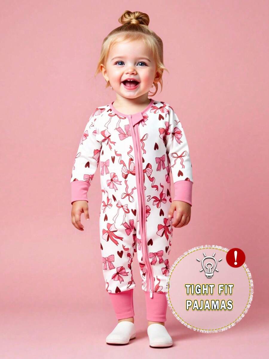婴幼儿女孩粉色蝴蝶结印花长袖拉链前开襟连体无脚连体衣家居服，舒适贴身