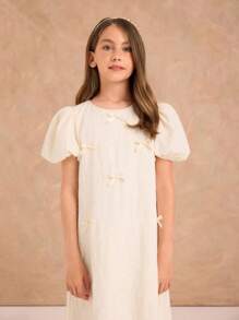 Ontre Tween Girls Loose Casual Puff Sleeve Butterfly Decor Dress - Apricot - View 4