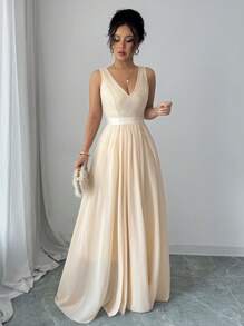 Elenzga 无袖 V 领收腰 A 字型优雅浪漫女士派对连衣裙长款女装