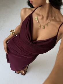 Aloruh Romantic Asymmetrical Halter Big Backless Tie Maxi Mesh Dress For Women, Pink & Purple Summer Outfits For Women,Bodycon Dress - Red Violet - View 6