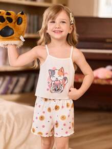 SHEIN 3 Sets Girls Cartoon Camisole & Shorts Pajama Sets - Pink - View 11