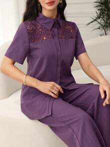 SHEIN Lacomfia Conjunto informal de 2 piezas de moda 2025 para mujer, blusa estilizada y juvenil con pantalón de pierna ancha, para verano - Morado - Ver 7
