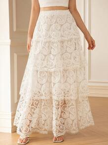 Aveloria Rosie Elegant Paisley Embroidered Tiered Maxi Skirt, French Romantic Style, Spring/Summer - White - View 4