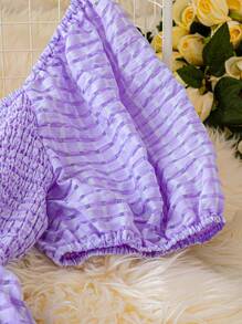 DreamSkyne Plus Size Women Summer Beach Vacation Tiered Ruffle Puff Sleeve Patchwork Dress - Purple - View 7