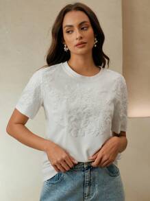 Anewsta Blusa/Camiseta de mujer de verano con ajuste holgado, elegante, con parche bordado y cuello redondo - Blanco - Ver 5