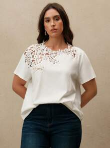 Anewsta Plus Size Hollow Lace Patchwork Elegant Vacation Chic T-Shirt, Spring/Summer - White - View 6