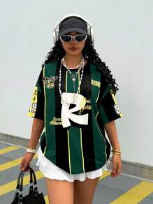 Rovax Áo thun kẻ sọc Colorblock thường ngày cỡ lớn dành cho nữ, mùa hè - Nhiều màu - Xem 3