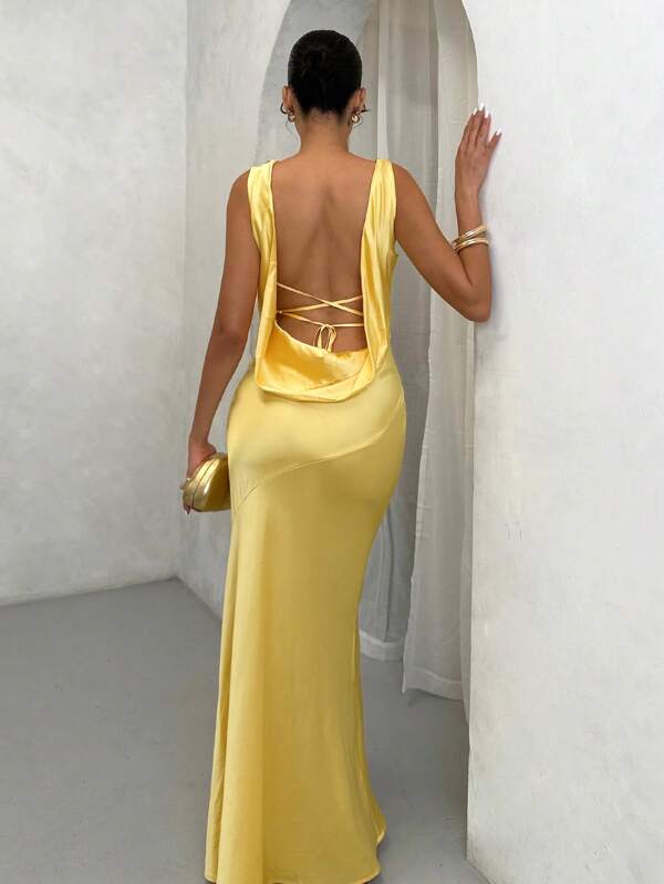 SHEIN BAE Yellow Mustard Plain Color Sexy Elegant Cowl Neck Backless Tie-Up Spaghetti Strap Mermaid Hem Slip Dress, Suitable For Cocktail Party, Romantic Date, Fall/Winter Base Layer, Gatherings, Parties, Bridesmaids Dresses, Night Out, Halloween Dress, Christmas Dress