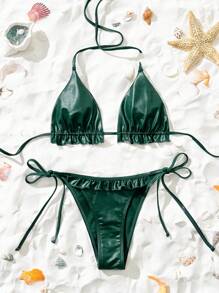 SHEIN Swim 2 件套女士纯色褶皱三角挂脖比基尼套装，荷叶边下摆，优雅精致的泳衣 - 墨綠色 - 查看 3