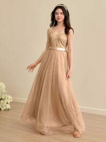 SHEIN Đầm dài thắt eo lưới đính sequin thanh lịch cho bé gái tuổi teen, thích hợp cho đám cưới, tiệc tùng, biểu diễn, sinh nhật, Halloween, Giáng sinh, Phục sinh và các ngày lễ khác - Rượu sâm banh - Xem 5
