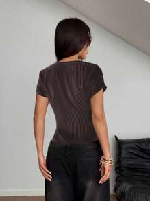 StreetHx Women's Casual Striped Metal Decor Button-Up Short Sleeve Blouse, Spring - Mocha Brown - View 2