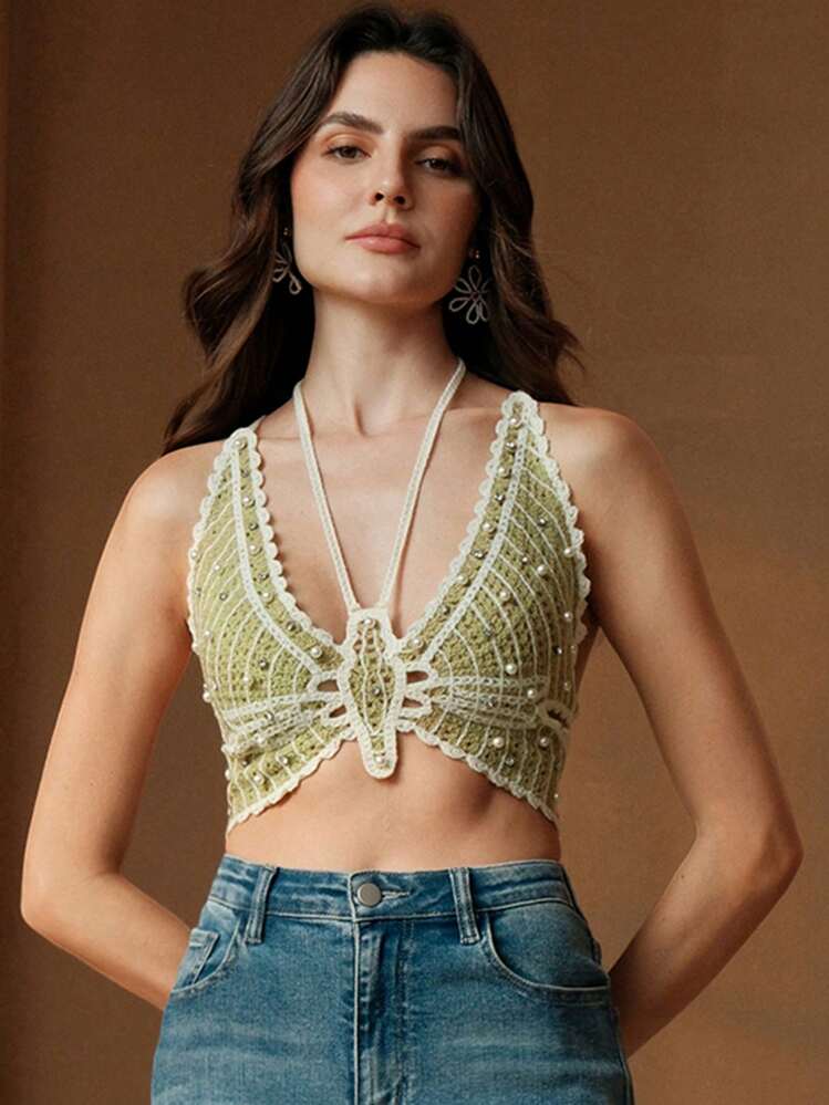 Anewsta Top elegante de tirantes con nudo en la espalda, decorado con lentejuelas y cuentas a ganchillo, para festival, salir, vacaciones, mujeres, verano - Verde - Añade 6