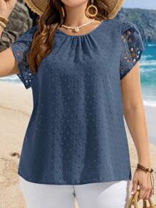 EMERY ROSE Plus Size Women Round Neck Short Sleeve Casual Blouse Summer Tropical Vacation Modest Top For Beach - Blue - View 4