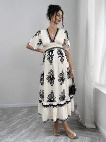 Momance 孕妇全身印花荷叶边下摆深V领短袖连衣裙 - 杏色 - 查看 5