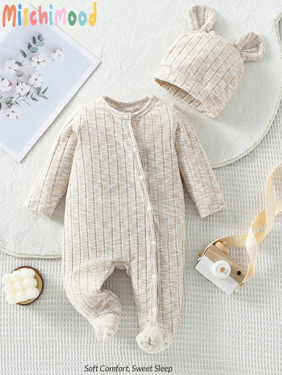 SHEIN 2件套男婴纯色兔耳连帽睡袍和连脚套装 - 彩色 - 查看 1