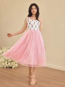 Teen Girls Tulip Print Contrast Mesh Cami Dress - Navy Blue - View 1