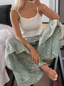 DAZY Pantalón de pijama con volantes y encaje de patchwork de lino para mujer