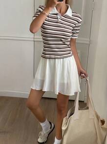 DAZY 女式撞色条纹印花短袖修身 Polo 领 T 恤，夏季，商务休闲女装 - 灰色 - 查看 4