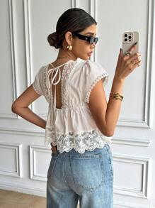 Serisse Women's Casual Striped Lace Patchwork Blouse, Summer - Apricot - View 3