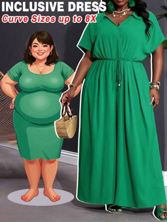 SHEIN CURVE+ 适合春夏日常休闲度假的大码，搭配干净的颜色，绿色卷边短袖交叉衬衫领，编织腰带，超长阔腿裤，编织纹理面料，女士大码超长连体裤女士沙滩装/沙滩裙/沙滩度假装/沙滩必需品/毕业/茶会礼服夏季/乡村/海滩度假装/沙滩装/沙滩装