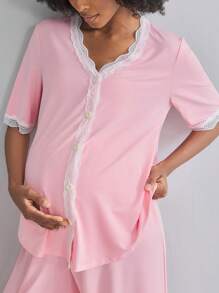 BloomMama Maternity Short Sleeve Nursing Pajama Set 2 Pack With Lace&Button,Lounge Set Fashion Sleepwear