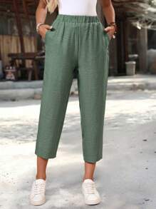 EMERY ROSE Pantalon court décontracté pour femmes, taille élastique, poches latérales, couleur unie. Pantalon d'été, vêtements d'automne pour femmes - Vert - Voir 3