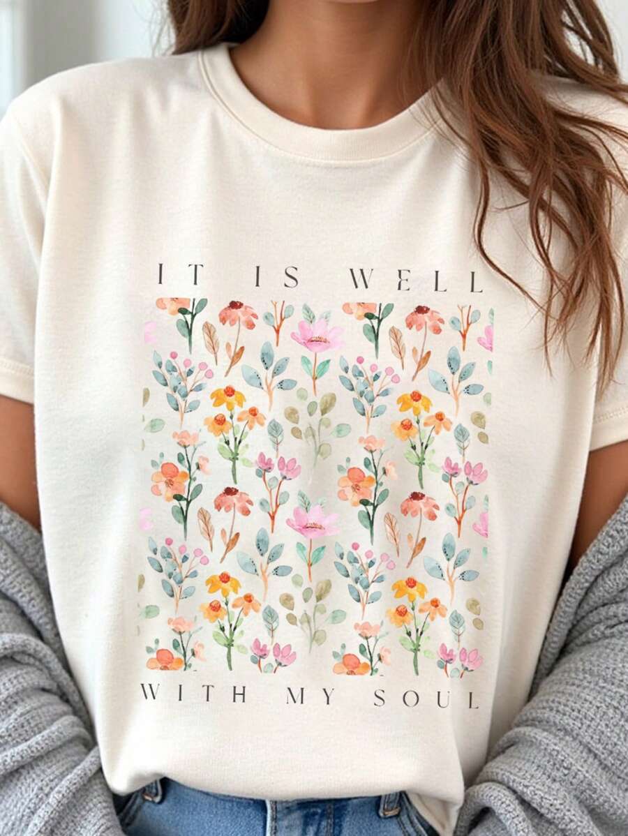 SHEIN CURVE+ Women Wearing Round Neck, Short Sleeves, Printed Letters And Flowers On The Chest For Summer Short Sleeves - Apricot - View 1