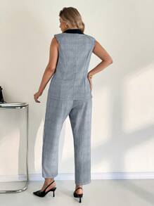 SHEIN Essnce Conjunto de dos piezas de chaleco y pantalón de cuadros azules en contraste para mujer de talla grande, con costura en el cuello, para uso diario y casual en primavera y otoño. Ropa de trabajo, conjunto de pantalones, ropa casual de negocios, ropa de primavera, ropa de oficina para curvas