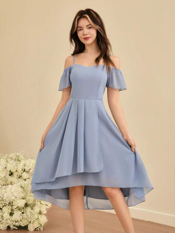 SHEIN Elegant Minimalist Off-Shoulder Short Sleeve High Waist Midi Dress, Asymmetrical Hem Chiffon Fabric, Slate Blue For Prom, Party, Graduation