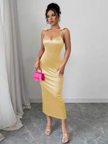 Elenzga Váy họa tiết hoa dây mảnh trơn màu cỡ chuẩn dành cho nữ - Rượu sâm banh - Xem 6