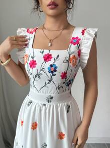Vestido informal largo con diseño de cuello cuadrado, mangas de campana y cintura ceñida con estampado multicolor, ideal para vacaciones - Verde - Ver 11